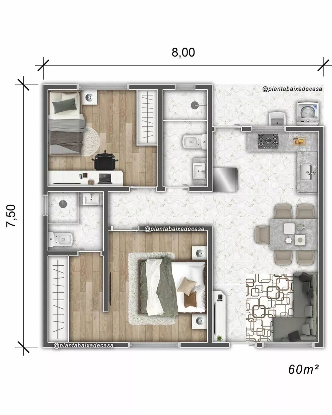 planos casas 1 piso 2 habitaciones