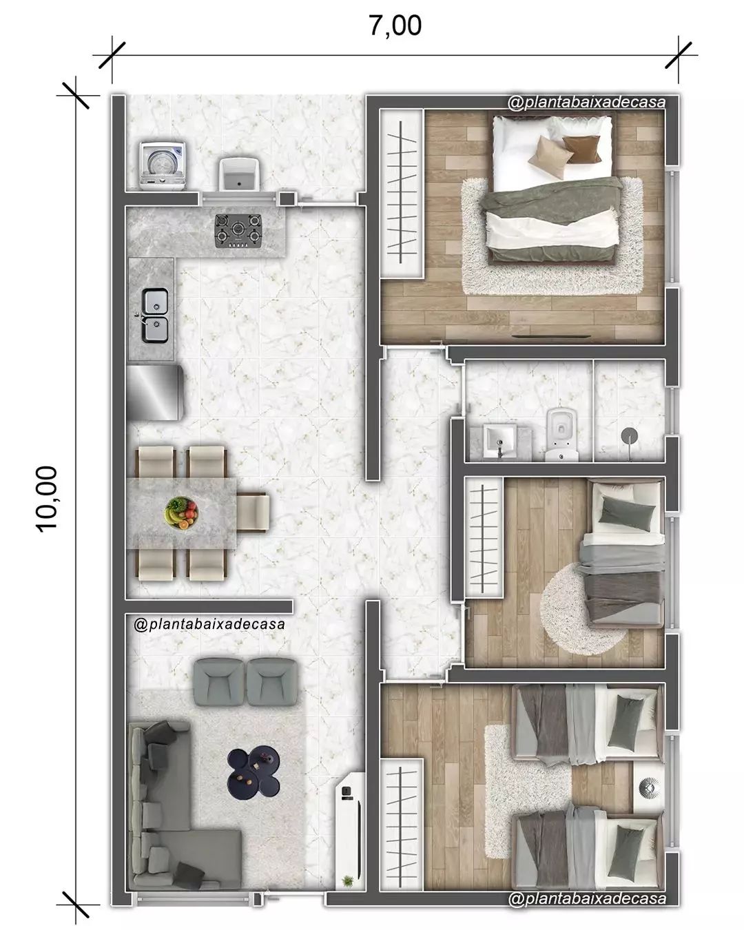 planos de casas de 1 piso y 3 habitaciones